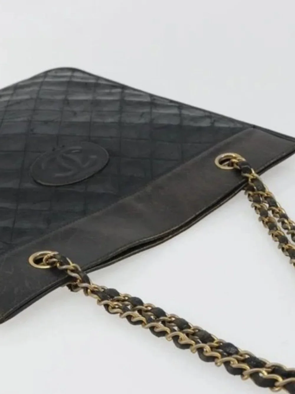 CHANEL Chain Tote Bag Lamb Skin Black Gold CC Auth BA13601
